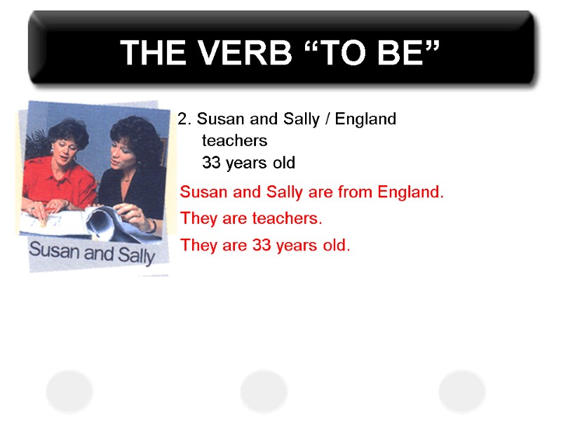 THE VERB “TO BE” 2. Susan and Sally / England  teachers  33
